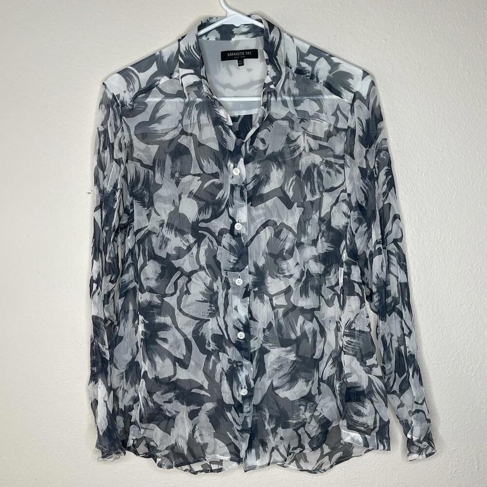 Lafayette 148 Sheer Floral Black and White Button Up Size PS